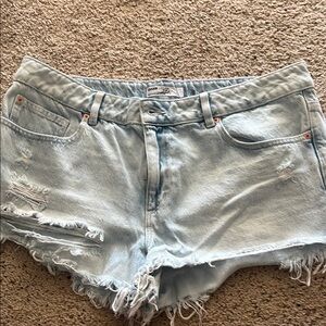 Garage Blue Jean Shorts with Frayed Hem and Distressed Look